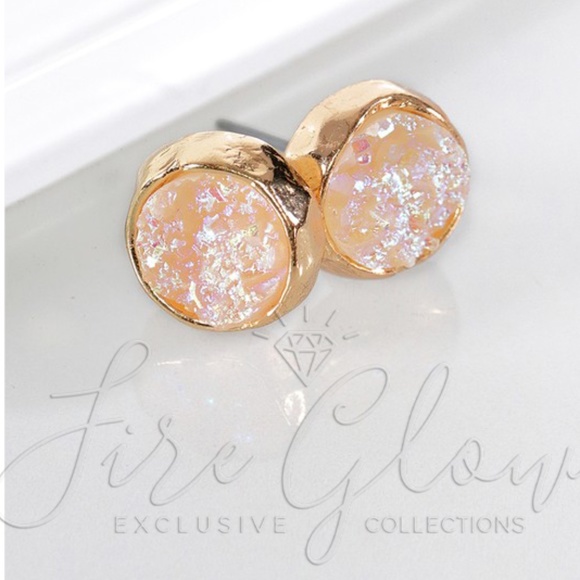Iridescent Opal Druzy In Gold Tone Stud Earrings - Picture 3 of 8